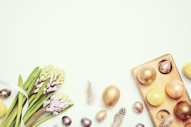 Easter pastel colored eggs on the table