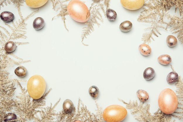 Easter pastel colored eggs on the table