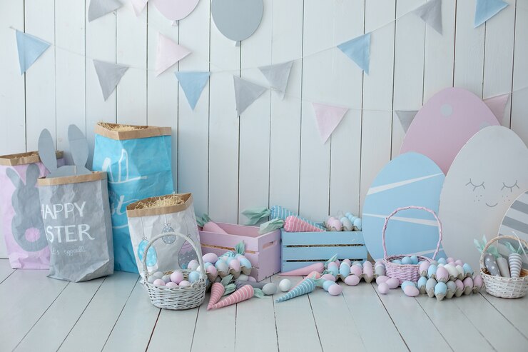 Easter pastel colors decoration in a white wood background