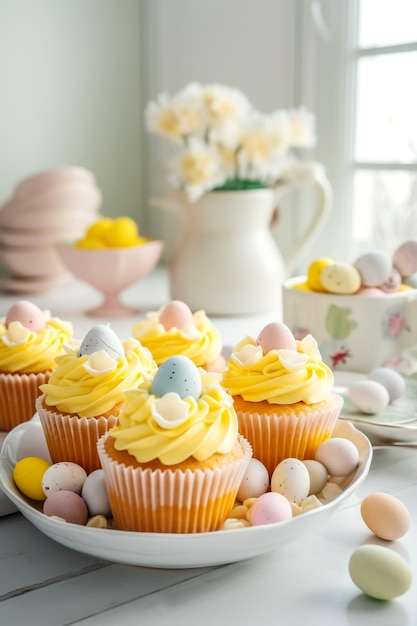 Easter pastry lemon cupcakes with yellow buttercream frosting decorated with sprinkles and chocolate eggs Festive table setting kitchen interior