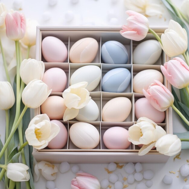 Easter pink and blue eggs and pink tulips in wooden box of wooden pastel blue background Top view