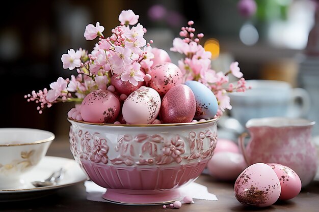 Photo easter pink decor with painted pink eggs and pink flowers