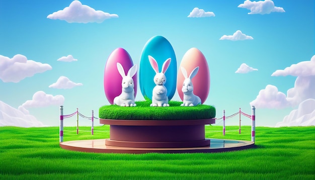 Easter podium display with bunnies and egg hunt in green field