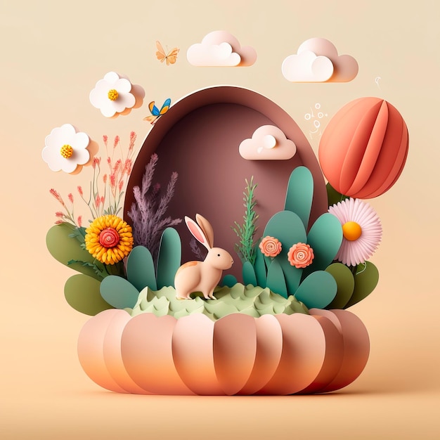 Easter podium platform with Easter eggs and flowers Generative AI