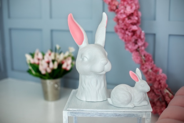 Easter porcelain rabbits decor with flowers