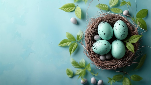 Easter poster background template with Easter eggs in the nest on light blue background