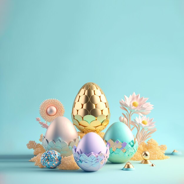 프로 모션에 대 한 3D 부활절 달걀과 꽃 부활절 포스터 배경