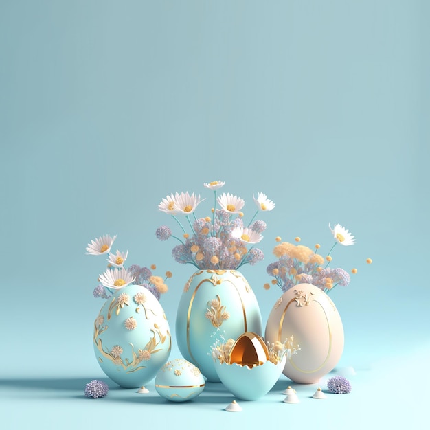 Easter Poster Background with 3D Easter Eggs and Floral