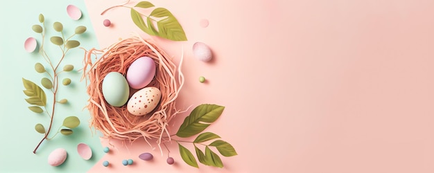 파스텔 배경의 둥지에 부활절 달걀이 있는 부활절 포스터 및 배너 템플릿과 텍스트 위치 사본