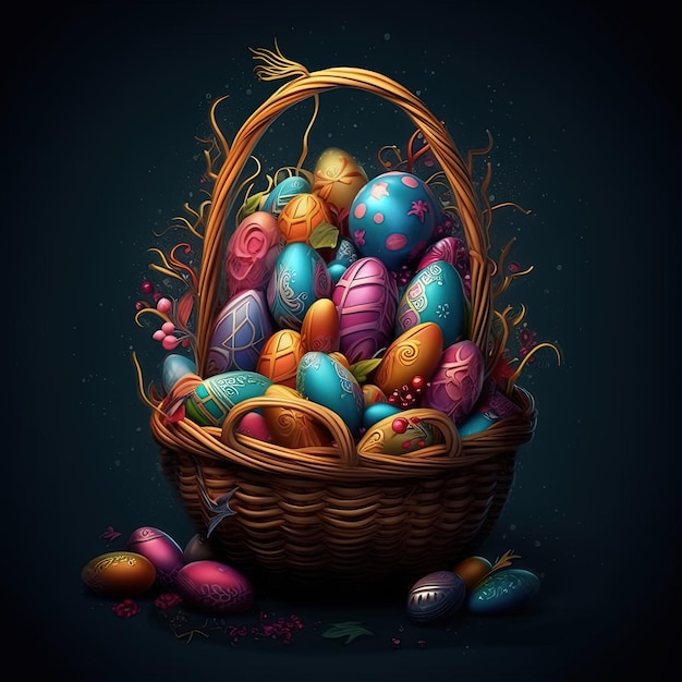 Пасхальный плакат и шаблон баннера с пасхальными яйцами в гнезде с кроликом