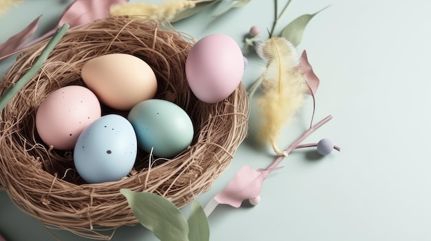밝은 배경에 둥지에 계란이 있는 부활절 포스터 및 배너 템플릿 플랫 레이 스타일의 부활절 날 인사말 및 선물 부활절 생성 AI 콘텐츠를 위한 프로모션 및 쇼핑 템플릿