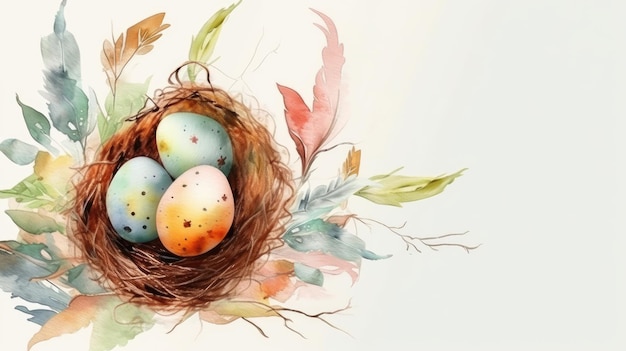 Easter poster and banner template with eggs in the nest on light background Greetings and presents for Easter Day in flat lay styling Promotion and shopping template for Easter Generative AI content