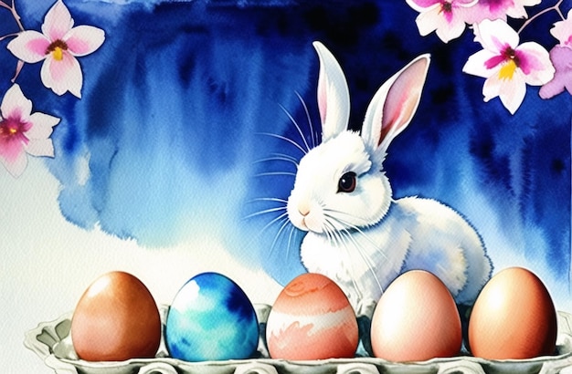 Фото Пасхальный кролик и яйца пейзаж акварельная живопись пасхальная тема дизайн happy easter ai generated