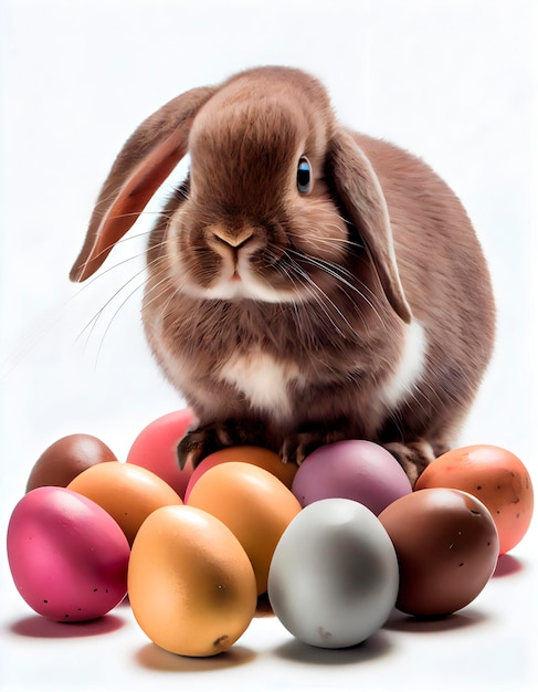 Easter rabbit around which there are many bright colored painted eggs spring holiday cute bunny