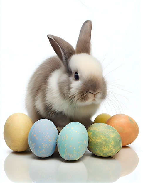 Easter rabbit around which there are many bright colored painted eggs spring holiday cute bunny