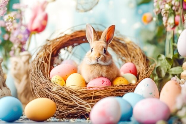 Easter rabbit and colorful easter eggs on blurred background