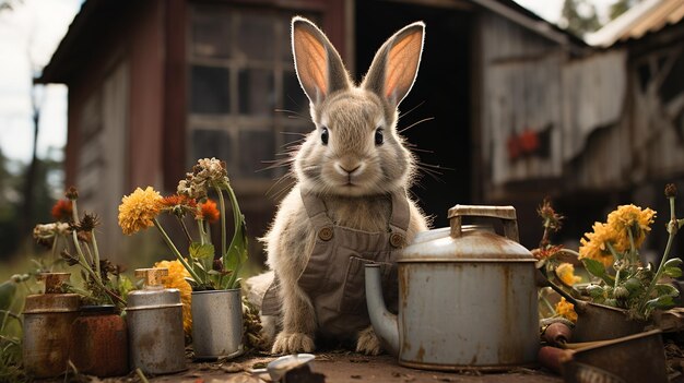 Foto coniglio di pasqua e uova di pasqua in giardino