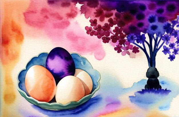 Easter Rabbit and Eggs landscape watercolor painting Easter theme Design Happy Easter AI Generated