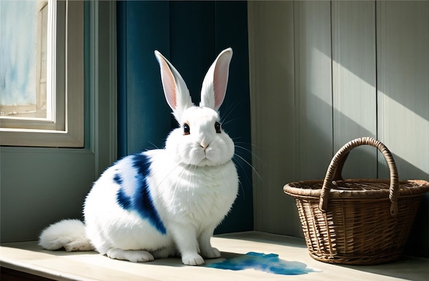 水彩の自然の風景の中のイースターのウサギと卵 ハッピーイースターの日 かわいいウサギ AI 生成