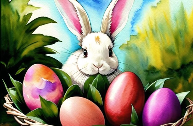 Easter Rabbit and Eggs in Watercolor Nature Landscapes Happy easter day Cute bunny AI Generated