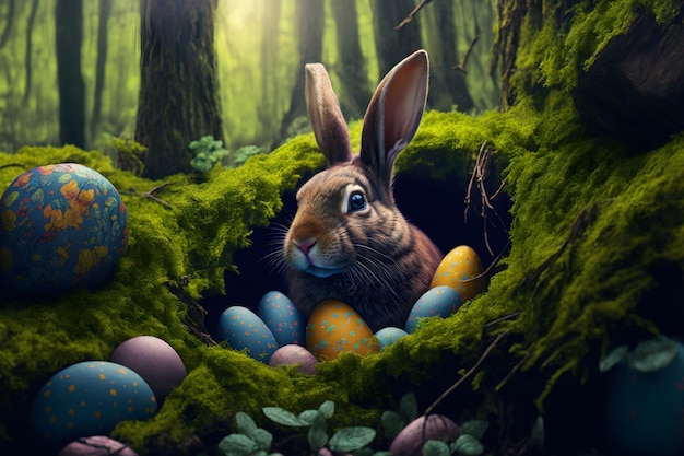 Coniglio di pasqua nella tana della foresta tra le uova di pasqua coniglio soffice cerca uova decorate colorate nell'erba della foresta vicino al buco sotto forma di un uovo alla luce del sole