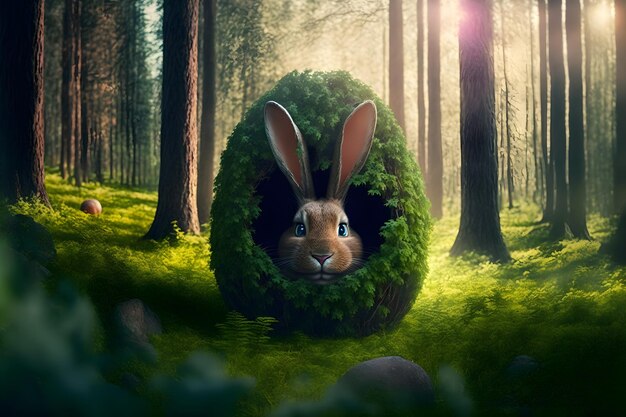 Easter rabbit in forest hole among easter eggs fluffy rabbit is looking for colored decorated eggs in the forest grass near the hole in the form of an egg sunlight