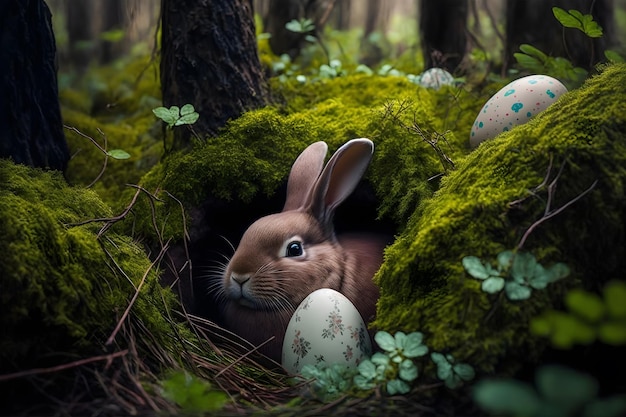 Easter rabbit in forest hole among Easter eggs Fluffy rabbit is looking for colored decorated eggs in the forest grass near the hole in the form of an egg sunlight