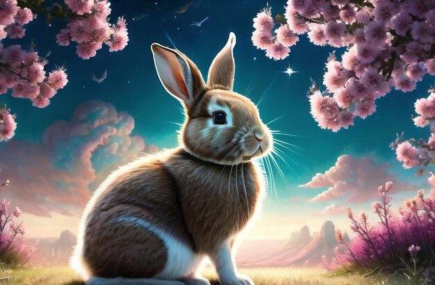 Easter Rabbit robot flyer in Nature Landscape Modern Easter theme Design Happy Easter AI Generated