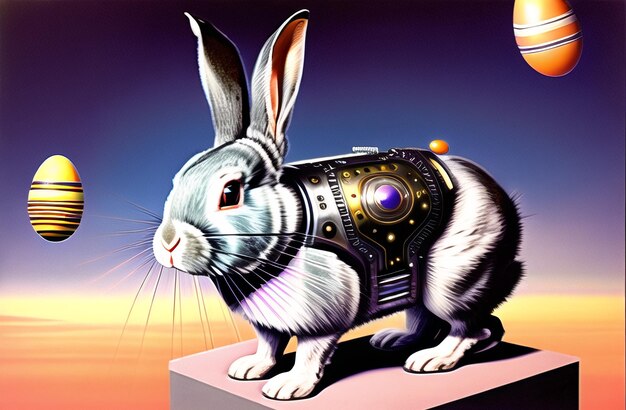 Easter Rabbit robot poster in beautiful Nature Landscapes Happy easter day Cute bunny AI Generated