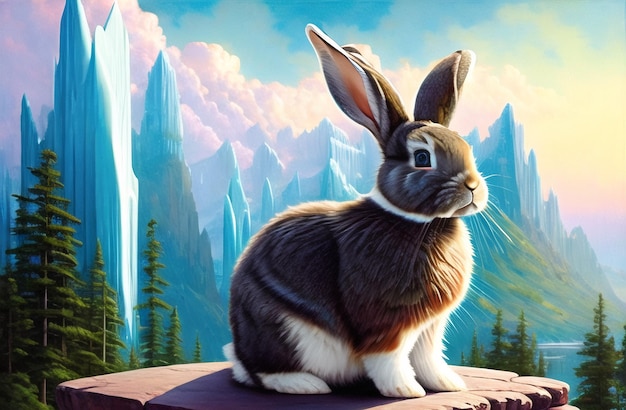 Easter rabbit robot poster in beautiful nature landscapes happy easter day cute bunny ai generated