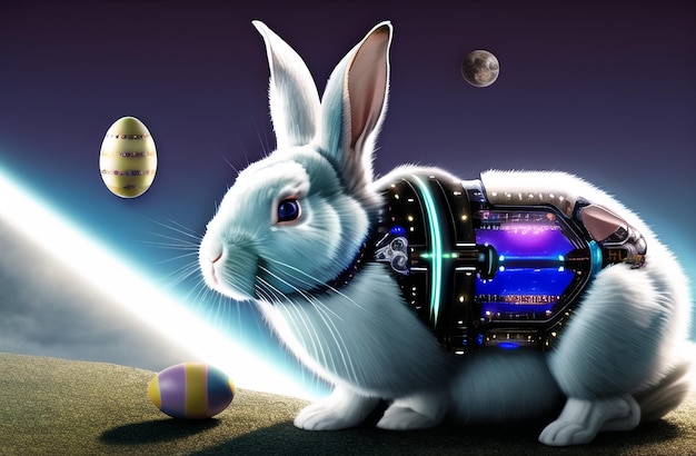 Пасхальный кролик-робот плакат в красивых природных пейзажах С днем Пасхи Милый зайчик AI Сгенерировано