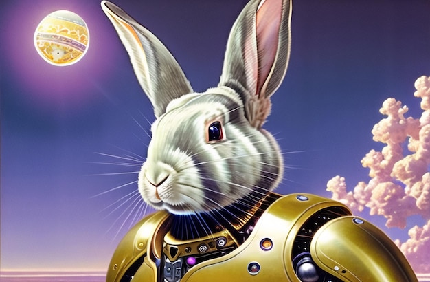 Easter Rabbit robot poster in beautiful Nature Landscapes Happy easter day Cute bunny AI Generated