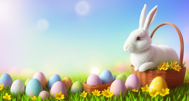 Easter rabbit spring meadow with colorful eggs in a basket and flowers Generative AI