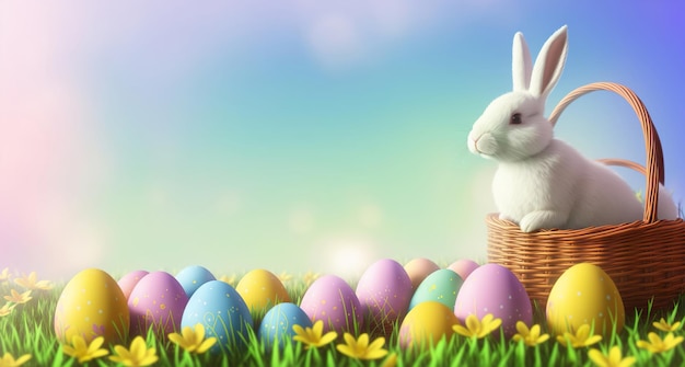 Easter rabbit spring meadow with colorful eggs in a basket and flowers Generative AI