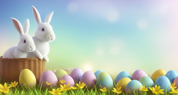 바구니에 다채로운 계란과 꽃이 있는 부활절 토끼 봄 초원 Generative AI