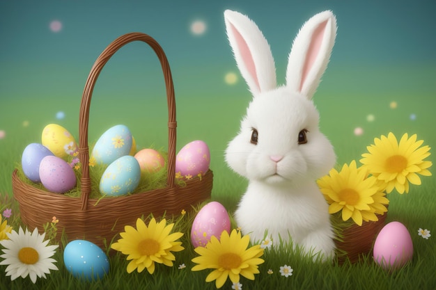 Easter rabbit spring meadow with colorful eggs in a basket and flowers Generative AI