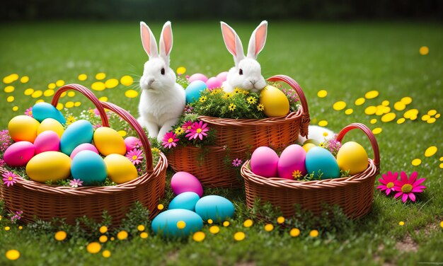 Easter rabbit spring meadow with colorful eggs in a basket and flowers Generative AI