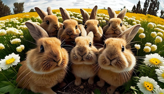 Пасхальные кролики Пасхальные Кролики Селфи группы кроликов, сплоченных вместе, делающие селфи на весеннем лугу