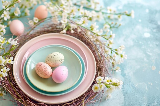 Easter rainbow pastel table setting for dinner with ceramic plates blossom and easter eggs