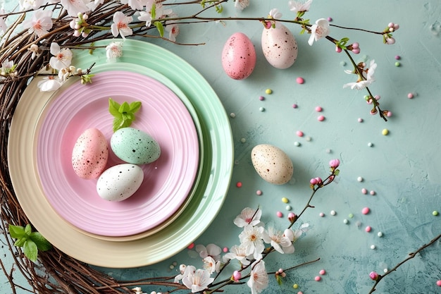 Easter rainbow pastel table setting for dinner with ceramic plates blossom and easter eggs