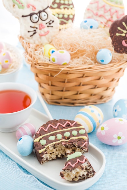 Easter rice krispy pop treats in shape of Ester egg and Easter bunny.