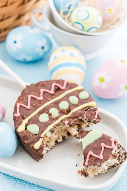 Easter rice krispy pop treats in shape of Ester egg and Easter bunny.