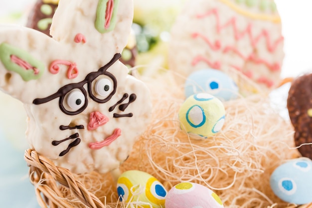 Easter rice krispy pop treats in shape of Ester egg and Easter bunny.