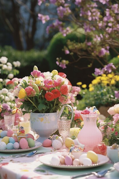 Easter Scene A vibrant spring garden filled with colorful flowers in full bloom