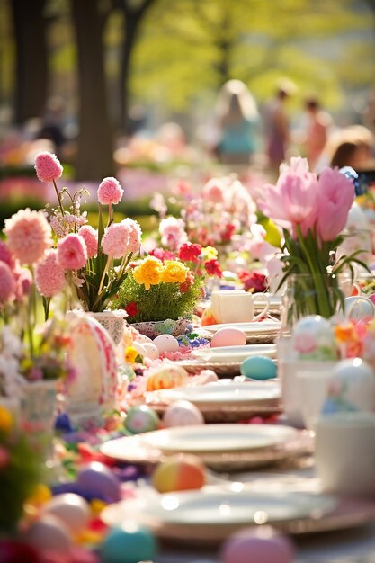 Foto scena di pasqua un vivace giardino primaverile pieno di fiori colorati in piena fioritura