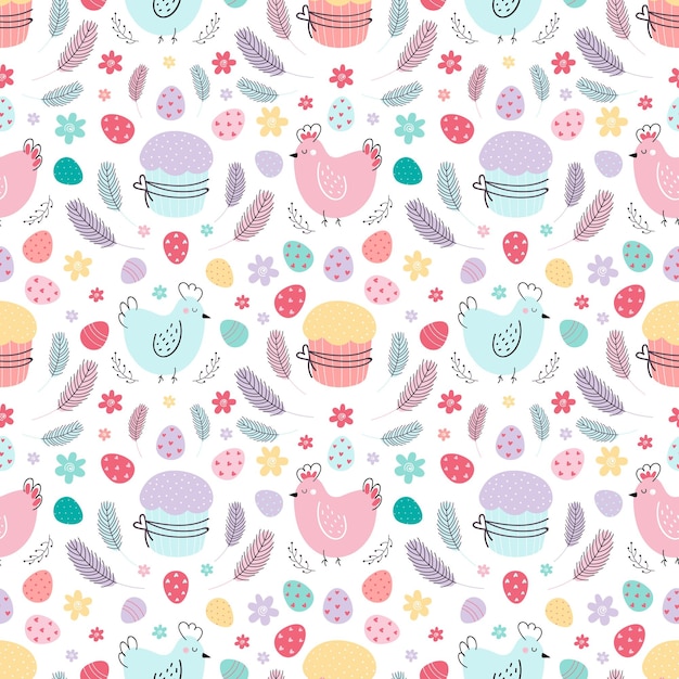 Easter seamless background Pattern with chickens eggs