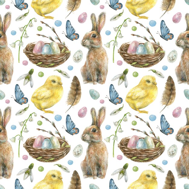 Easter seamless pattern is hand-drawn. Nest with colored eggs, rabbit, chick, butterflies and spring flowers