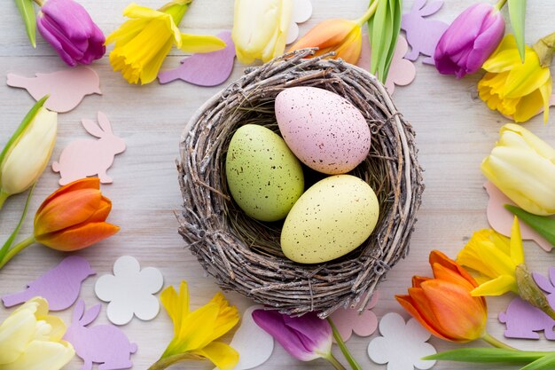 Easter and spring decoration, flowers and eggs