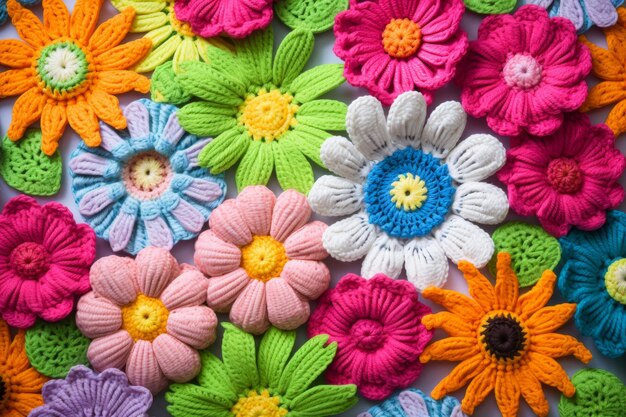 Easter spring delight vibrant crochet handmade background blossoming with colorful flowers and leav