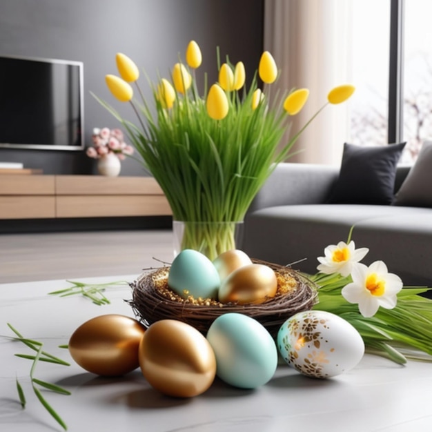 Easter still life with eggs in a nest and spring fresh flowers